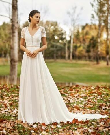 Robe de mariée moderne Vindress White Regular Col court en V Nouvelle mousseline de soie (non modifiée) Taille 34